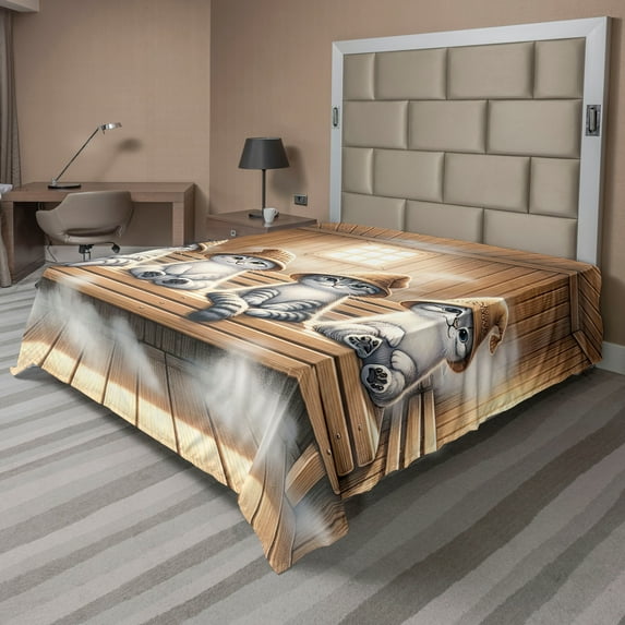 Ambesonne Cat Flat Sheet, Funny Kittens in Hats at Sauna, California King, Pastel Brown and Pale Grey