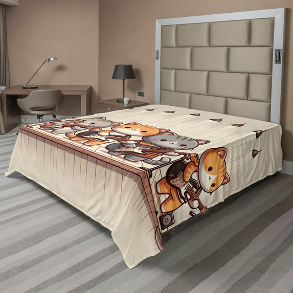 Ambesonne Cat Flat Sheet, Kawaii Kitty Guitarists Band, King Size, Grey Orange and Pale Tan