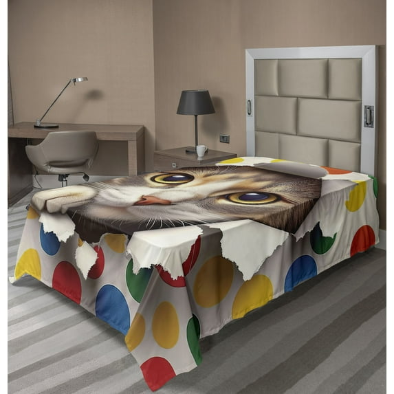 Ambesonne Cat Flat Sheet, Mischief Kitty Peaking Dots, TwinXL Size, Multicolor