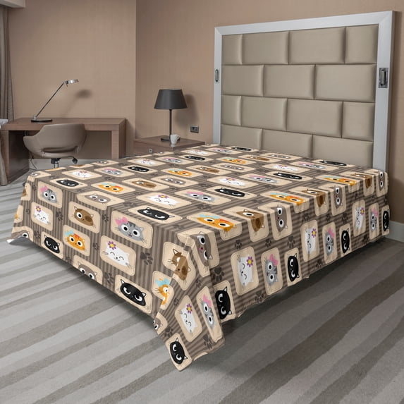 Ambesonne Cat Flat Sheet, Patchwork Style Silly Faces, California King, Multicolor