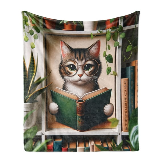 Ambesonne Cat Fleece Throw Blanket Botanical Cozy Concept Bookworm 50"x70" Green Paprika Beige