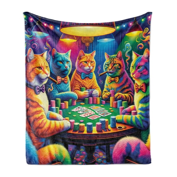 Ambesonne Cat Fleece Throw Blanket Colorful Kitties Play Poker 60"x80" Magenta Orange and Purple