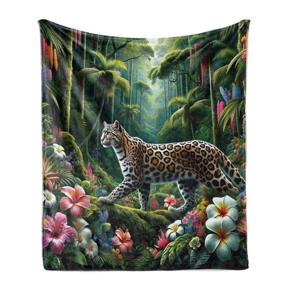 Ambesonne Cat Fleece Throw Blanket Exotic Wild Floral Jungle Scene 50"x60" Green and Multicolor