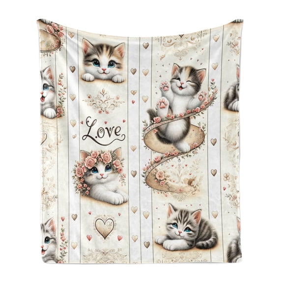 Ambesonne Cat Fleece Throw Blanket Vintage Smiling Blue Eyed Kitty 50"x60" Ivory Pale Brown Grey