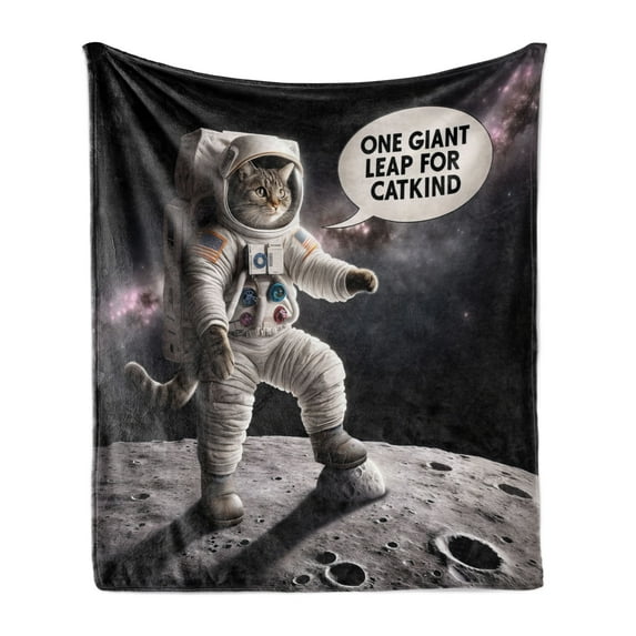 Ambesonne Cat Fleece Throw Blanket Whimsical Astronaut Kitty Moon 60"x80" Dark Purple Grey Coconut
