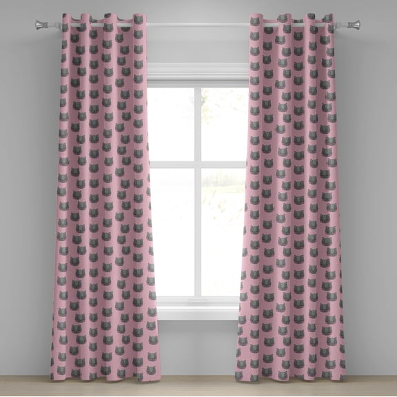 Ambesonne Cat Grommet Curtain, Greyscale Pet Portrait, 50" x 72", Grey Pink Pale Pink