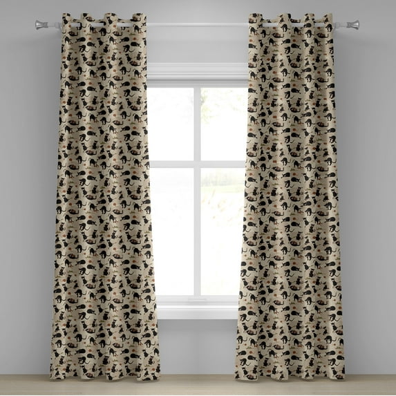Ambesonne Cat Grommet Curtain, House Pet Playing with Ball, 50" x 84", Black Tan Sea Green