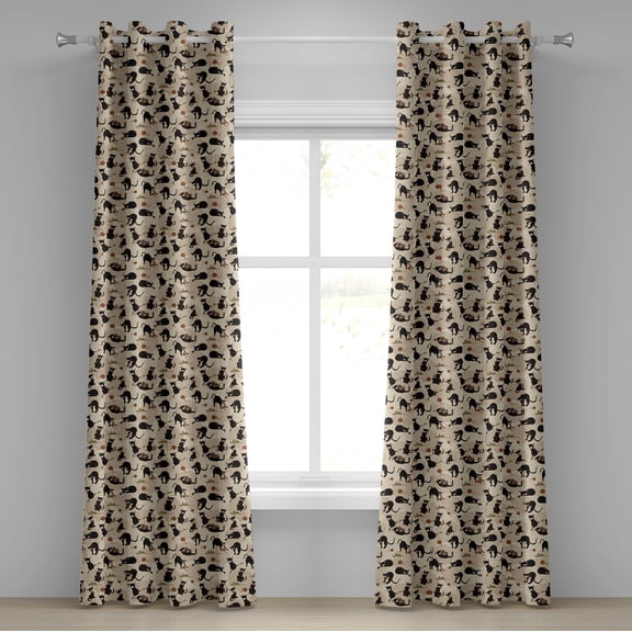 Ambesonne Cat Grommet Curtain, House Pet Playing with Ball, 50" x 96", Black Tan Sea Green