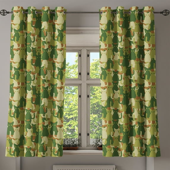 Ambesonne Cat Grommet Curtain, Kitten Silhouettes Jungle, 50" x 63", Green Dark Green Cream