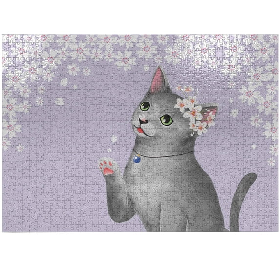 Ambesonne Cat Jigsaw Puzzle Durable Cardboard, Cherry Blossoms Kitten Flowers, 1000 pcs, Pastel Purple Multicolor