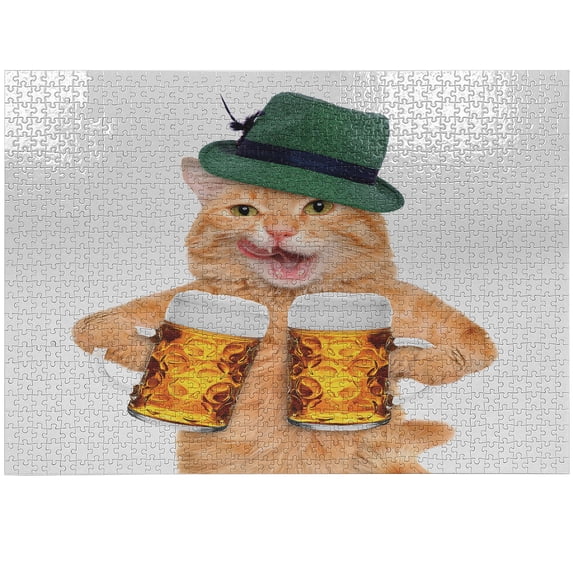 Ambesonne Cat Jigsaw Puzzle Durable Cardboard, Cool Cat Hat Beer Mug Funny, 1000 pcs, Multicolor