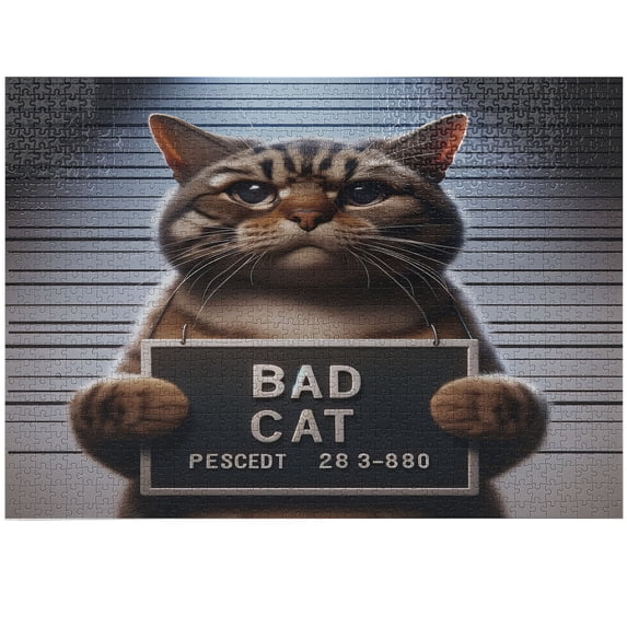 Ambesonne Cat Jigsaw Puzzle Durable Cardboard, Whimsical Bad Kitty Mug Shot, 1000 pcs, Umber and Pale Blue Grey