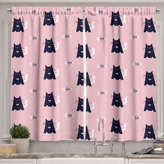 Ambesonne Cat Kitchen Curtains, Animals Fish Bones Hearts Art, 55"x24", Pale Pink and Dark Night Blue