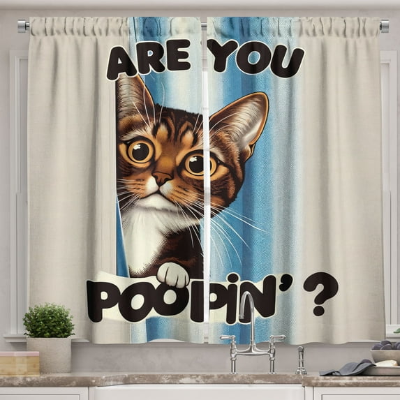 Ambesonne Cat Kitchen Curtains, Are You Poopin' Curious Kitty, 55"x39", Blue Coconut Chocolate