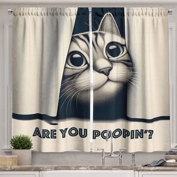 Ambesonne Cat Kitchen Curtains, Are You Poopin' Retro Funny, 55"x45", Dark Blue Ivory