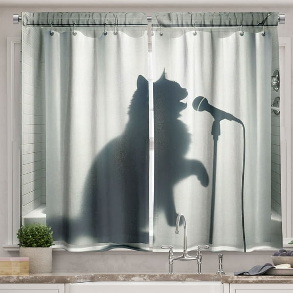 Ambesonne Cat Kitchen Curtains, Bath Shadow of a Singing Kitty, 55"x39", Dark Blue Grey Off White