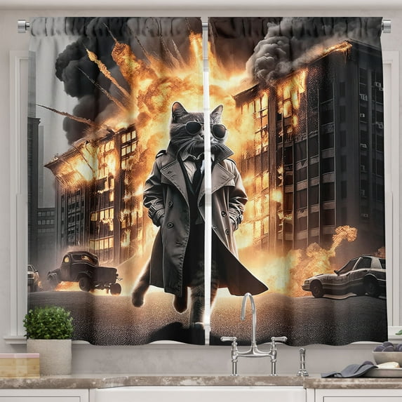 Ambesonne Cat Kitchen Curtains, Cinematic Humorous Agent Kitty, 55"x45", Pale Orange and Dark Grey