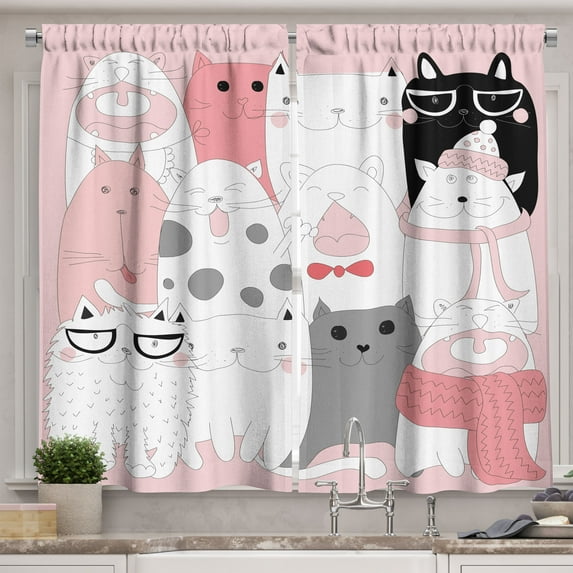 Ambesonne Cat Kitchen Curtains, Funny Kittens Humor Doodle, 55"x45", Pale Pink White Black