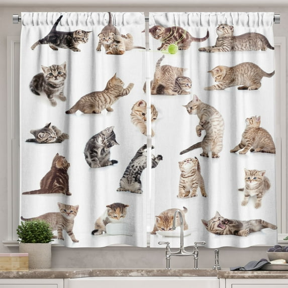 Ambesonne Cat Kitchen Curtains, Funny Playful Cats Image, 55"x39", Brown Black White