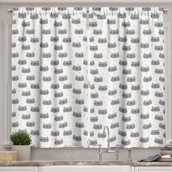 Ambesonne Cat Kitchen Curtains, Hipster Kitties Glasses, 55"x39", Yellow White Grey