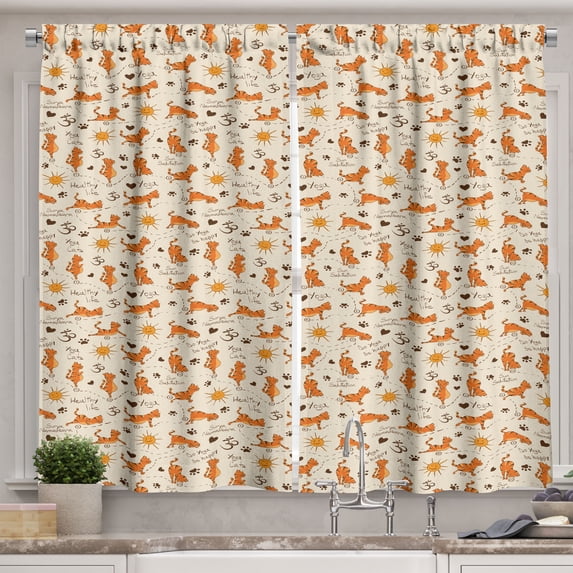 Ambesonne Cat Kitchen Curtains, Kitties Doing Yoga Paws, 55"x39", Cream Orange Brown