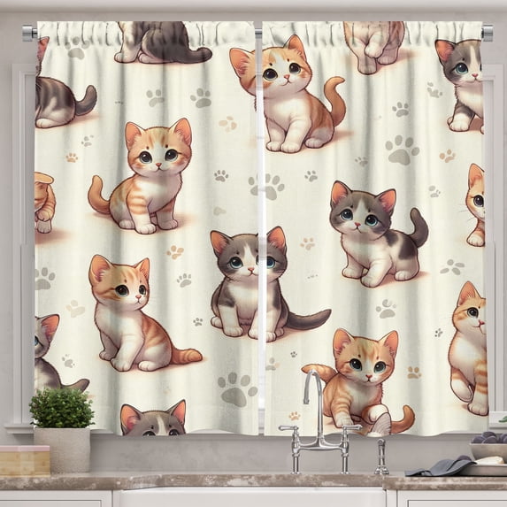 Ambesonne Cat Kitchen Curtains, Little Fun Kittens Cartoon Paws, 55"x36", Ivory Apricot and Dark Grey