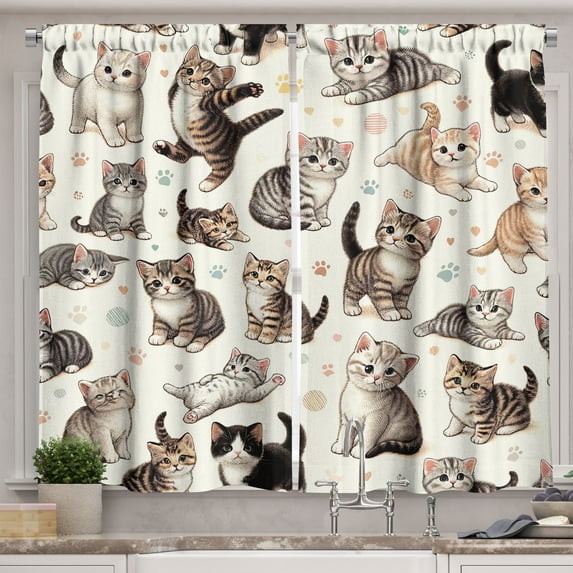 Ambesonne Cat Kitchen Curtains, Little Kittens Playful Poses, 55"x39", Off White Taupe and Grey