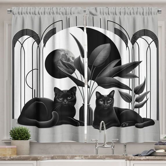 Ambesonne Cat Kitchen Curtains, Mid Century Modern Boho Kitties, 55"x24", Pale Grey Charcoal Grey