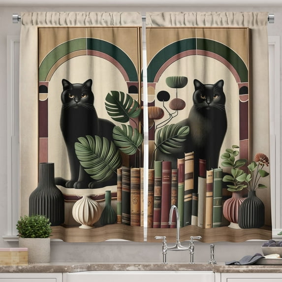Ambesonne Cat Kitchen Curtains, Monstera Kitties Books Vases, 55"x24", Sand Brown Maroon Green