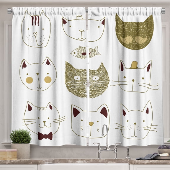 Ambesonne Cat Kitchen Curtains, Moustache Fish Faces Print Art, 55"x30", Green Brown