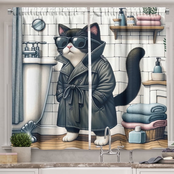 Ambesonne Cat Kitchen Curtains, Mysterious Detective Kitty Bath, 55"x36", Charcoal Grey White