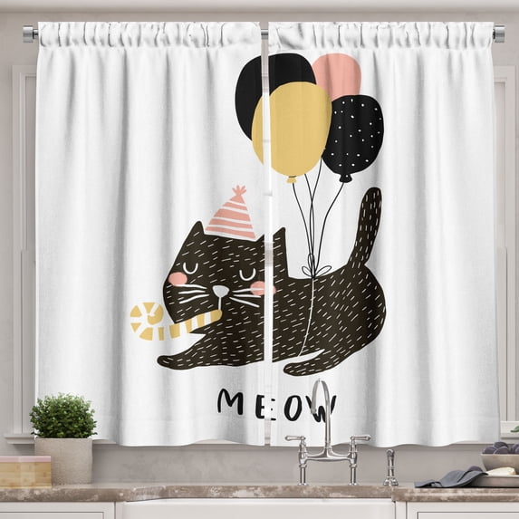 Ambesonne Cat Kitchen Curtains, Party Pet with Balloons, 55"x45", Pale Brown Pale Pink