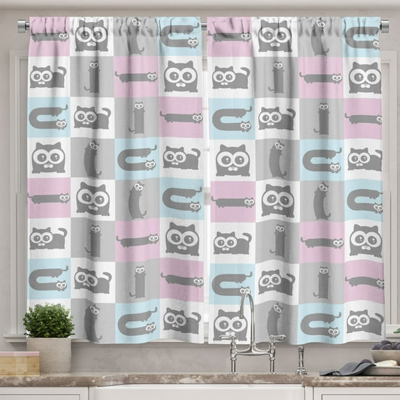 Ambesonne Cat Kitchen Curtains, Pastel Checkered Funny Animal, 55"x39", Multicolor