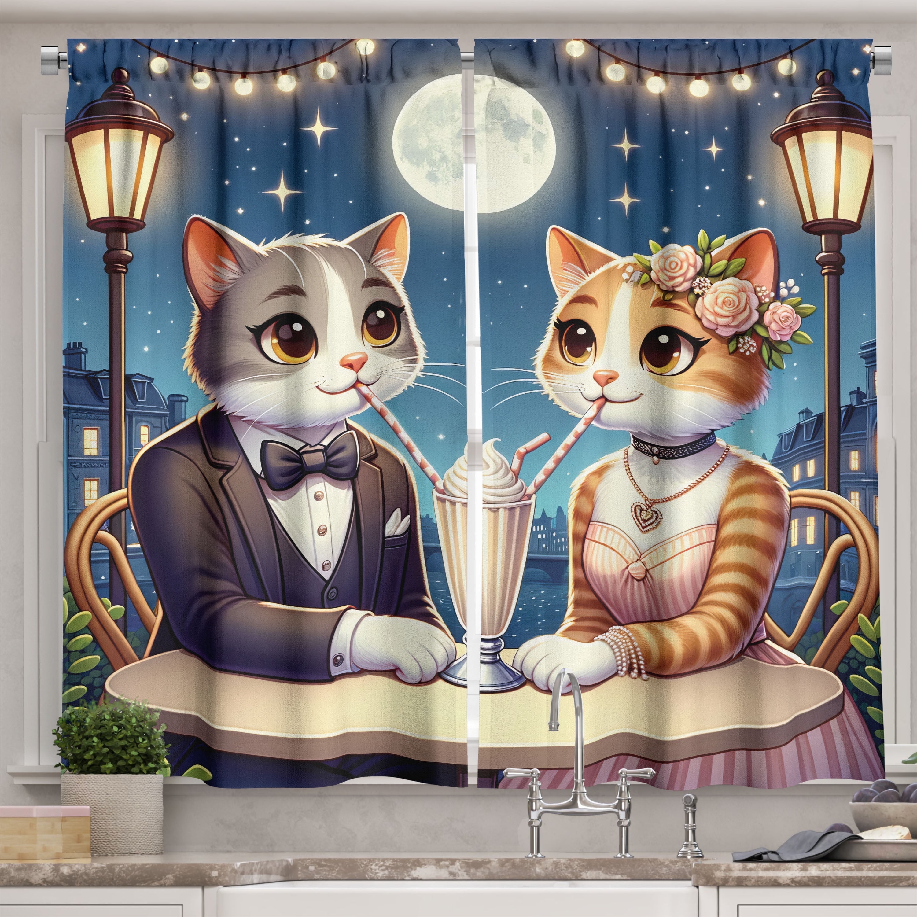 Romantic Date Night Cat Print Gray Polyester Kitchen Curtains
