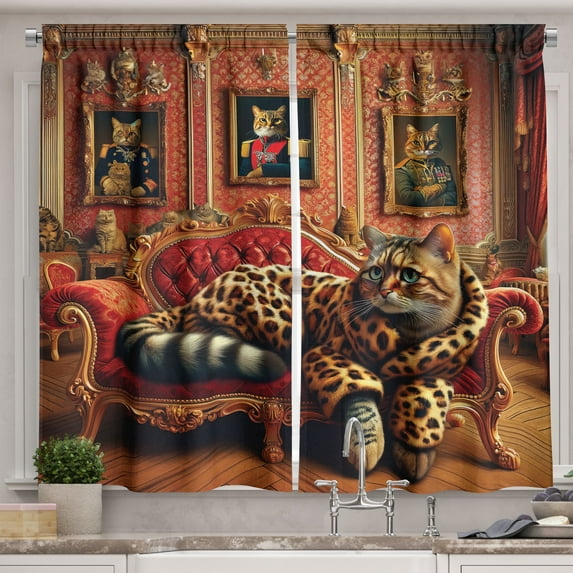 Ambesonne Cat Kitchen Curtains, Royal Kitty in Leopard Coat, 55"x24", Marigold Salmon
