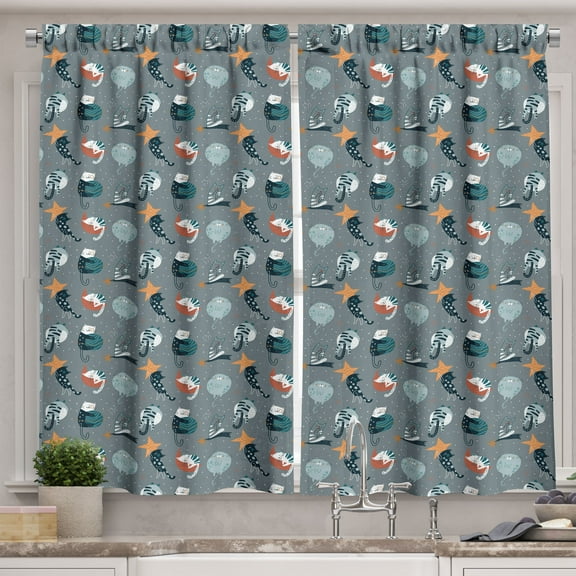 Ambesonne Cat Kitchen Curtains, Sleeping Animals in Space Art, 55"x24", Persian Orange Blue Grey