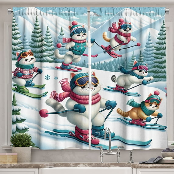 Ambesonne Cat Kitchen Curtains, Snowy Cartoon Skiing Kitties, 55"x36", Pale Blue Raspberry White