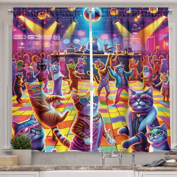 Ambesonne Cat Kitchen Curtains, Trippy Funny Kitty Disco Scene, 55"x45", Fuchsia Multicolor