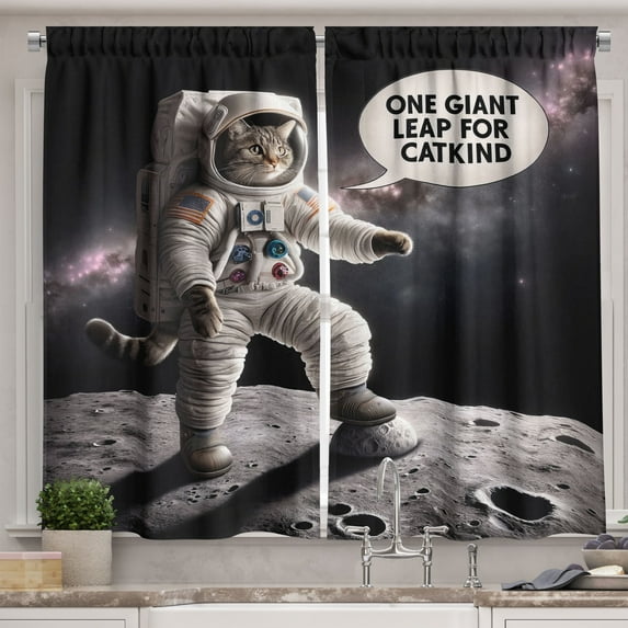 Ambesonne Cat Kitchen Curtains, Whimsical Astronaut Kitty Moon, 55"x39", Dark Purple Grey Coconut