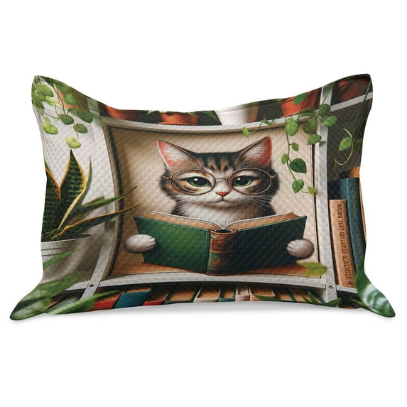 Ambesonne Cat Knitted Quilt Pillowcover, Botanical Cozy Concept Bookworm, 30"x20", Green Paprika Beige