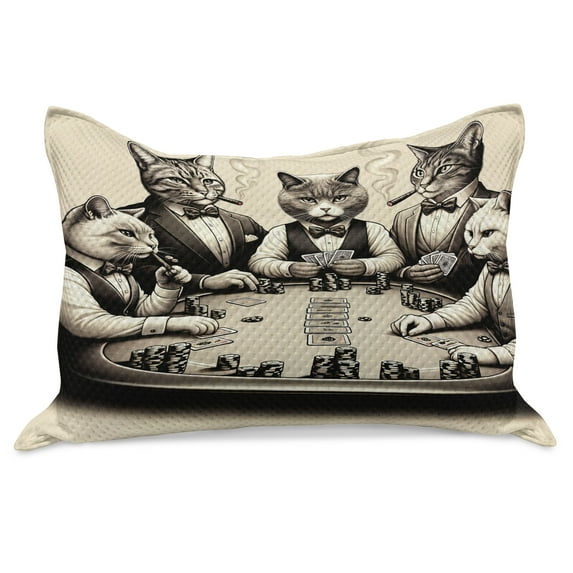 Ambesonne Cat Knitted Quilt Pillowcover, Gentleman Kitties Playing Poker, 36"x20", Ivory Dark Taupe
