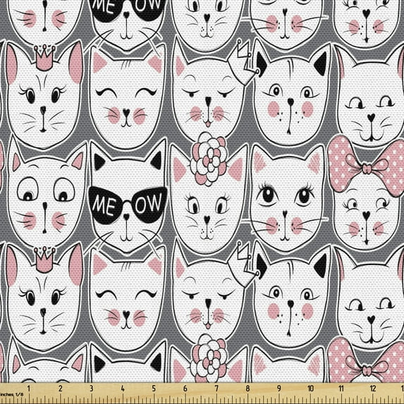 Ambesonne Cat Lover Fabric by the Yard Upholstery, Kitty Accessories, 2 Yards, Pale Pink Black