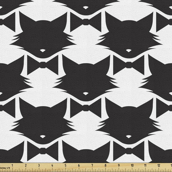 Ambesonne Cat Lover Fabric by the Yard Upholstery, Kitty Silhouette with Bow, 2 Yards, Charcoal Grey and White