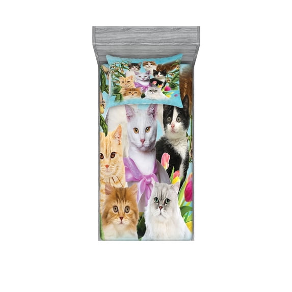 Ambesonne Cat Lover Fitted Sheet & Pillow Sham Set, Cats Feline Domestic, Twinxl, Multicolor