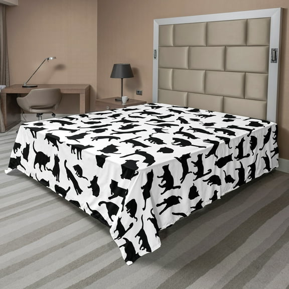 Ambesonne Cat Lover Flat Sheet, Silhouettes in Black, Queen Size, Black White