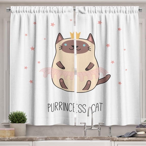 Ambesonne Cat Lover Kitchen Curtains, Purrincess Kitty Cartoon, 55"x36", Beige Umber and Blush