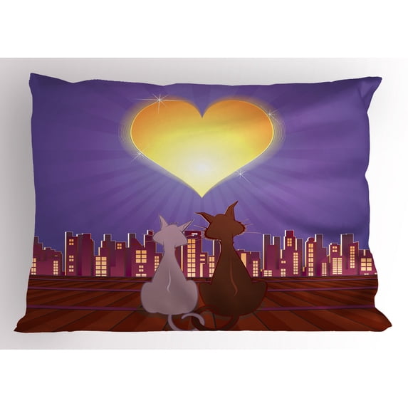 Ambesonne Cat Lover Pillow Sham, Cat Couple Heart Moon, 36" X 20", Multicolor