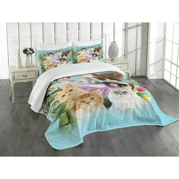 Ambesonne Cat Lover Quilted Bedspread Set 3 Pcs, Cats Feline Domestic, Queen Size, Multicolor