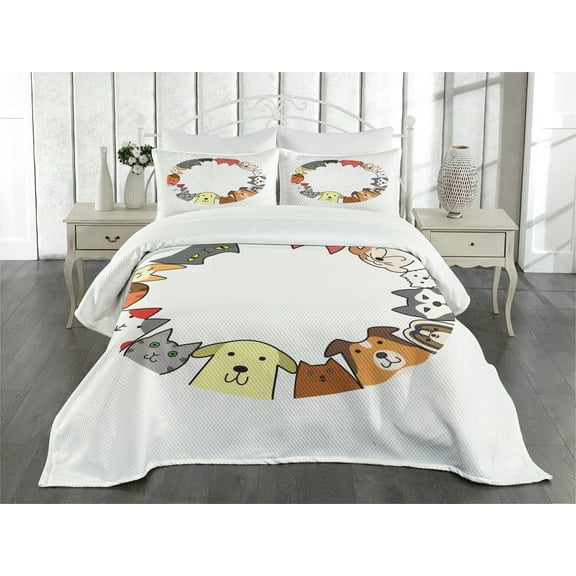 Ambesonne Cat Lover Quilted Bedspread Set 3 Pcs, Friendly Faces Circle, Queen Size, Multicolor