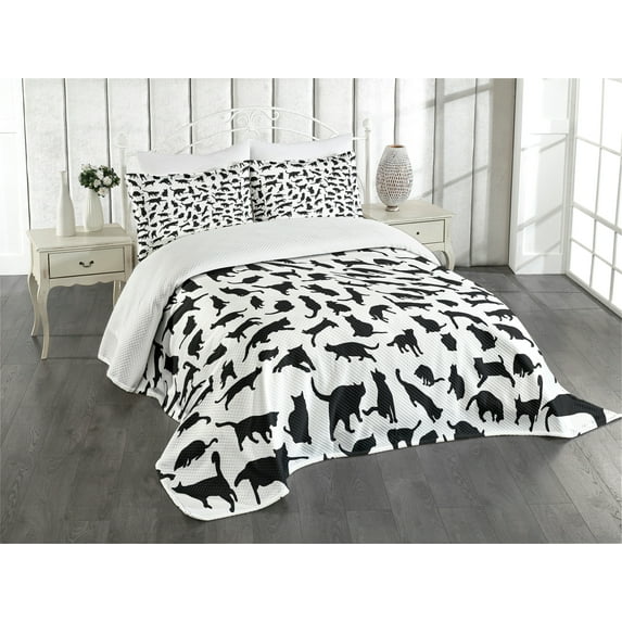 Ambesonne Cat Lover Quilted Bedspread Set 3 Pcs, Silhouettes in Black, Queen Size, Black White
